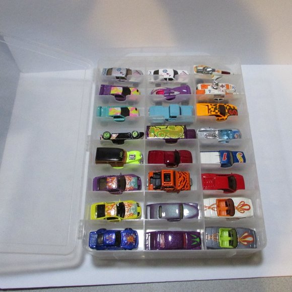 lot of diecast cars and clear carrying case lot jeep car truck neon space